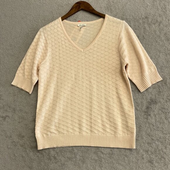 NWOT Ella Moss Women's M V-Neck Short sleeve Sweater Peach Honeycomb Textured - Picture 2 of 10